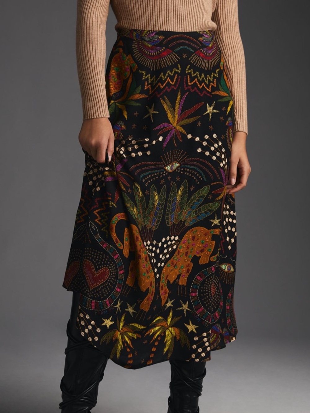 Farm Rio x Anthropologie Satin Slip Midi Skirt - Black